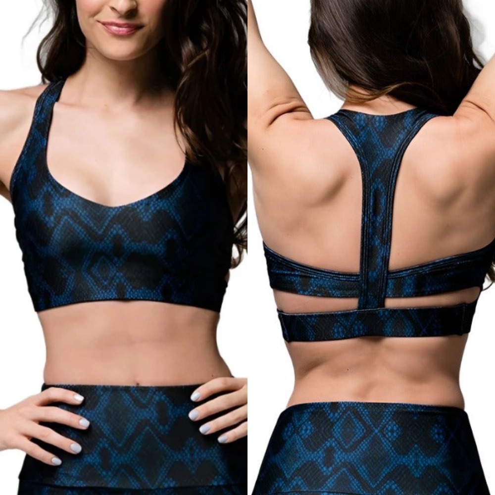 Onzie Hot Yoga Sports‎ Bra Wrap Racer Back Blue Snake Pattern size Large